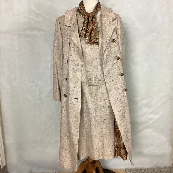 Vintage 60s Beige Tweed Belted Dress, Double Breasted Jacket, Belt & Scarf Set L - Picture 5 of 14